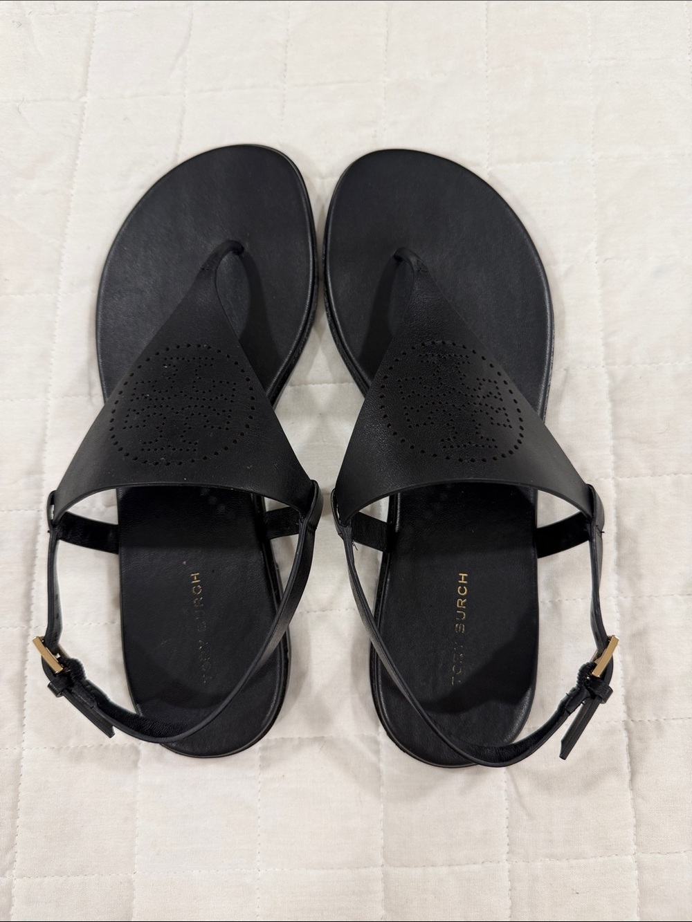 Tory Burch Black Leather Perforated Logo T-Strap Sandals